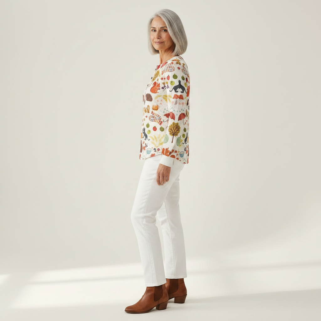 Mathilde Pullover mit Herbstwald-Motiv, Seitenansicht