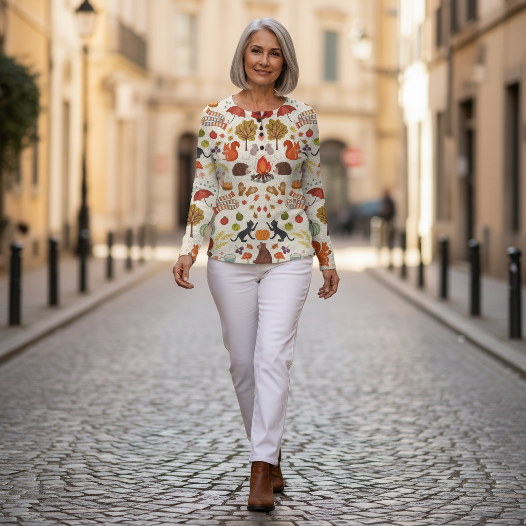 Mathilde Pullover mit Herbstwald-Motiv, im Alltag getragen