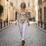 Mathilde Pullover mit Herbstwald-Motiv, im Alltag getragen