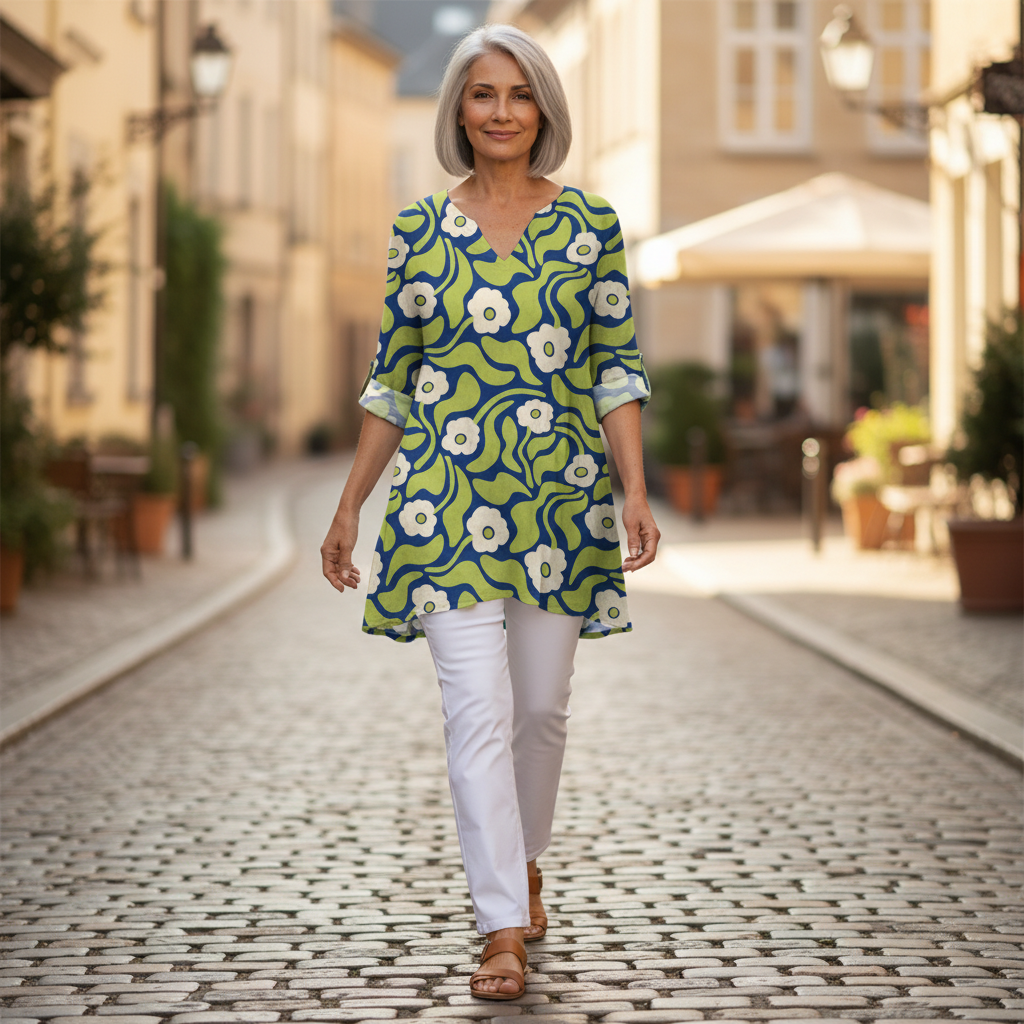 Talia | Lange Bluse mit Muster - im Alltag getragen