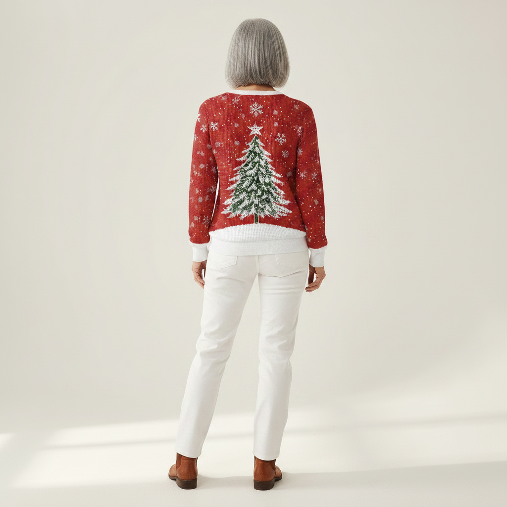 Lotte Weihnachtspullover in Rot mit Tannenbaum, Rückansicht