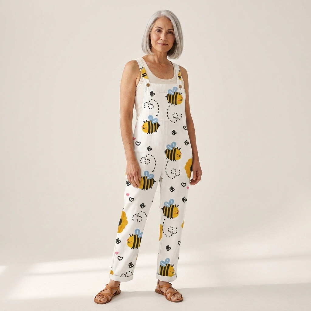 Leopoldine - Bequeme bedruckte Latzhose - von einem Model getragen