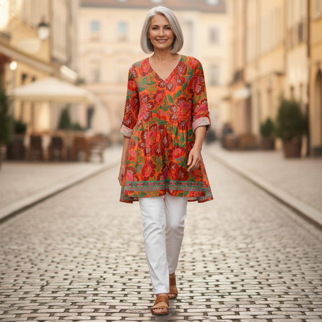 Kaia | Lange Bluse mit Muster - im Alltag getragen