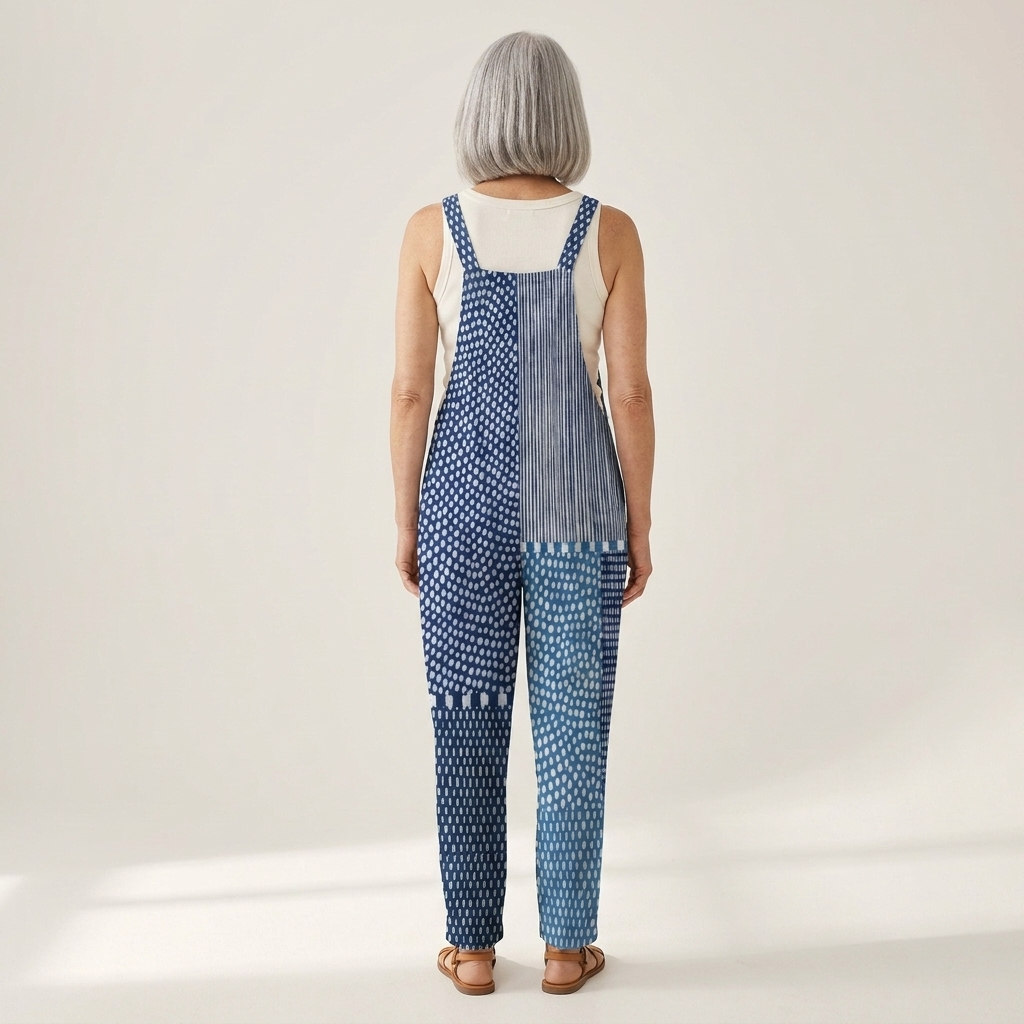 Ulrike - Bequeme bedruckte Latzhose - Vorderansicht am Model