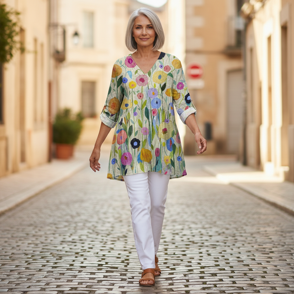 Remi | Lange Bluse mit Muster - im Alltag getragen