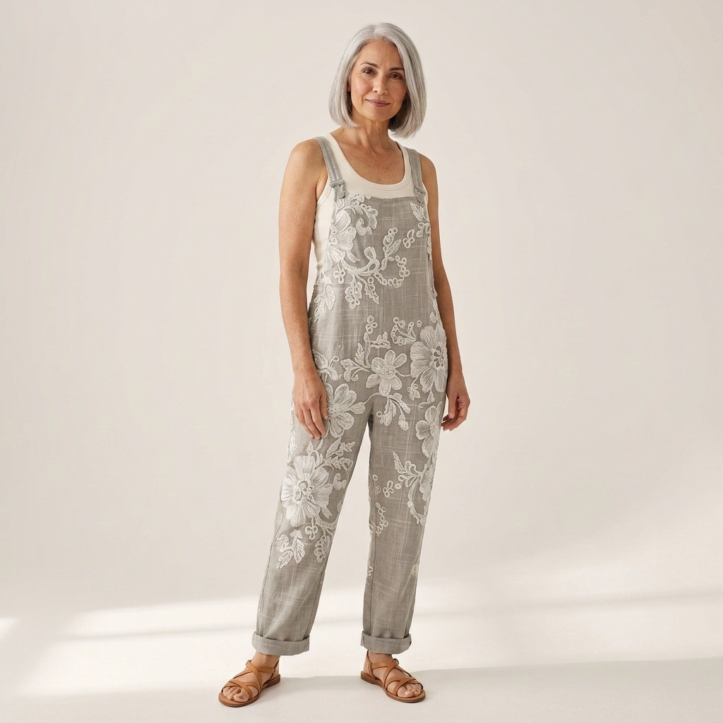 Dagmar - Bequeme bedruckte Latzhose - von einem Model getragen