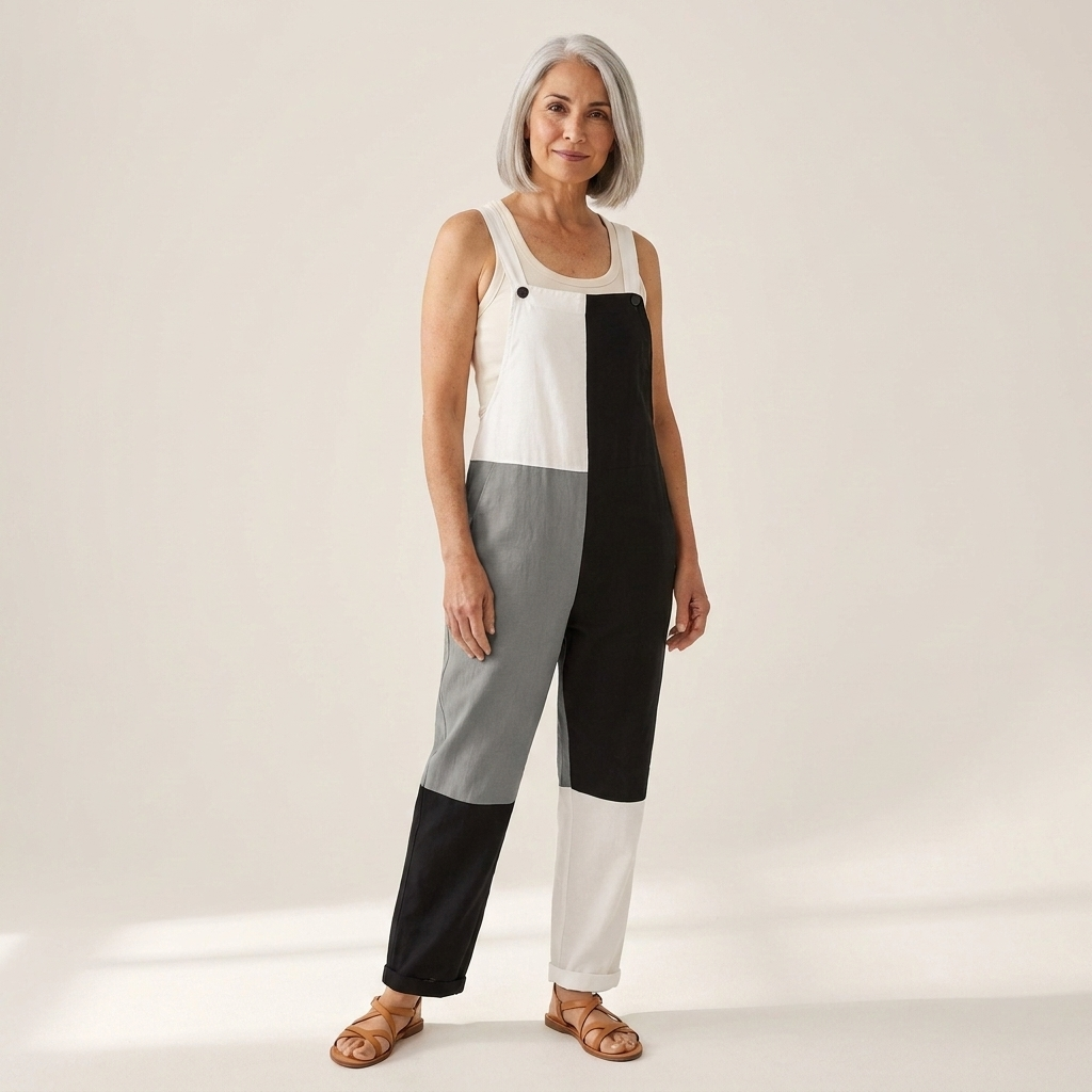 Theresia - Bequeme bedruckte Latzhose - von einem Model getragen