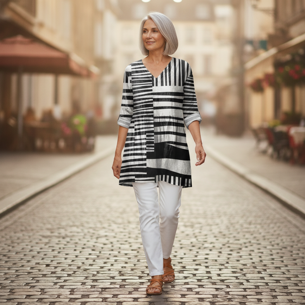 Quinn | Lange Bluse mit Muster - im Alltag getragen
