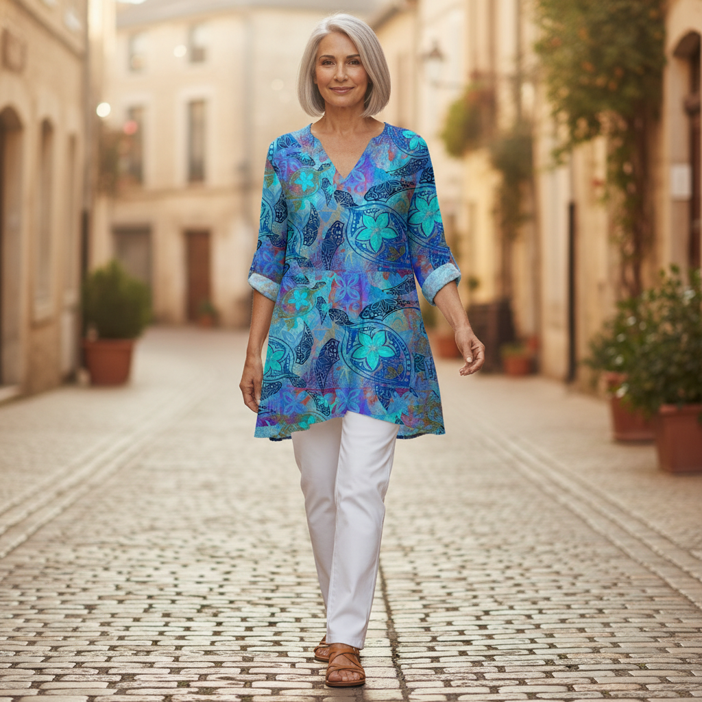 Riley | Lange Bluse mit Muster - im Alltag getragen