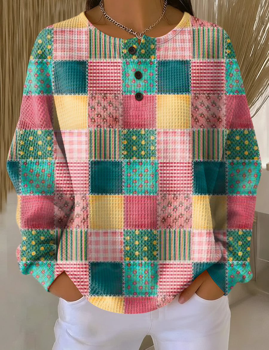 Nora Patchwork-Pullover in Rosa und Türkis, Vorderansicht