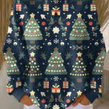 Ida Weihnachtspullover in Dunkelblau mit Tannen, Vorderansicht