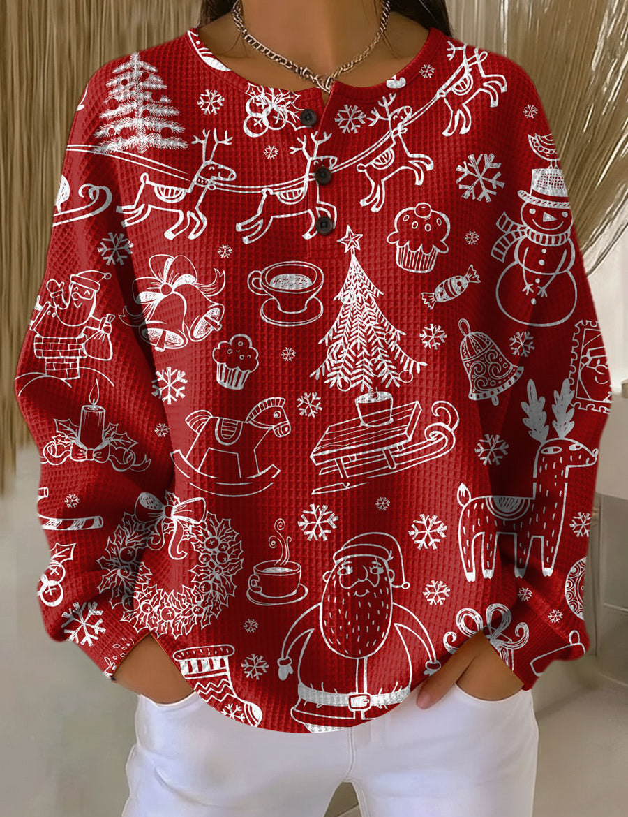 Merle Weihnachtspullover in Rot mit weißen Motiven, Vorderansicht