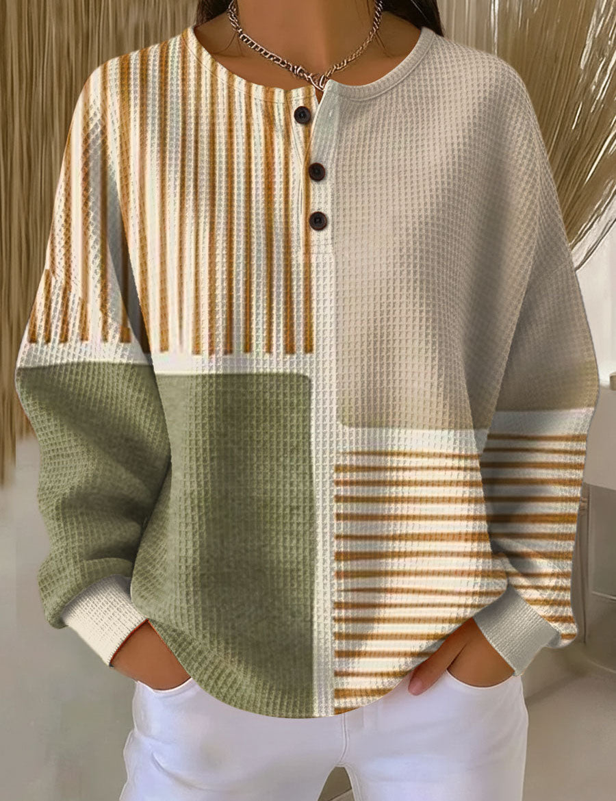 Hedda Patchwork-Pullover in Grün und Senfgelb, Vorderansicht