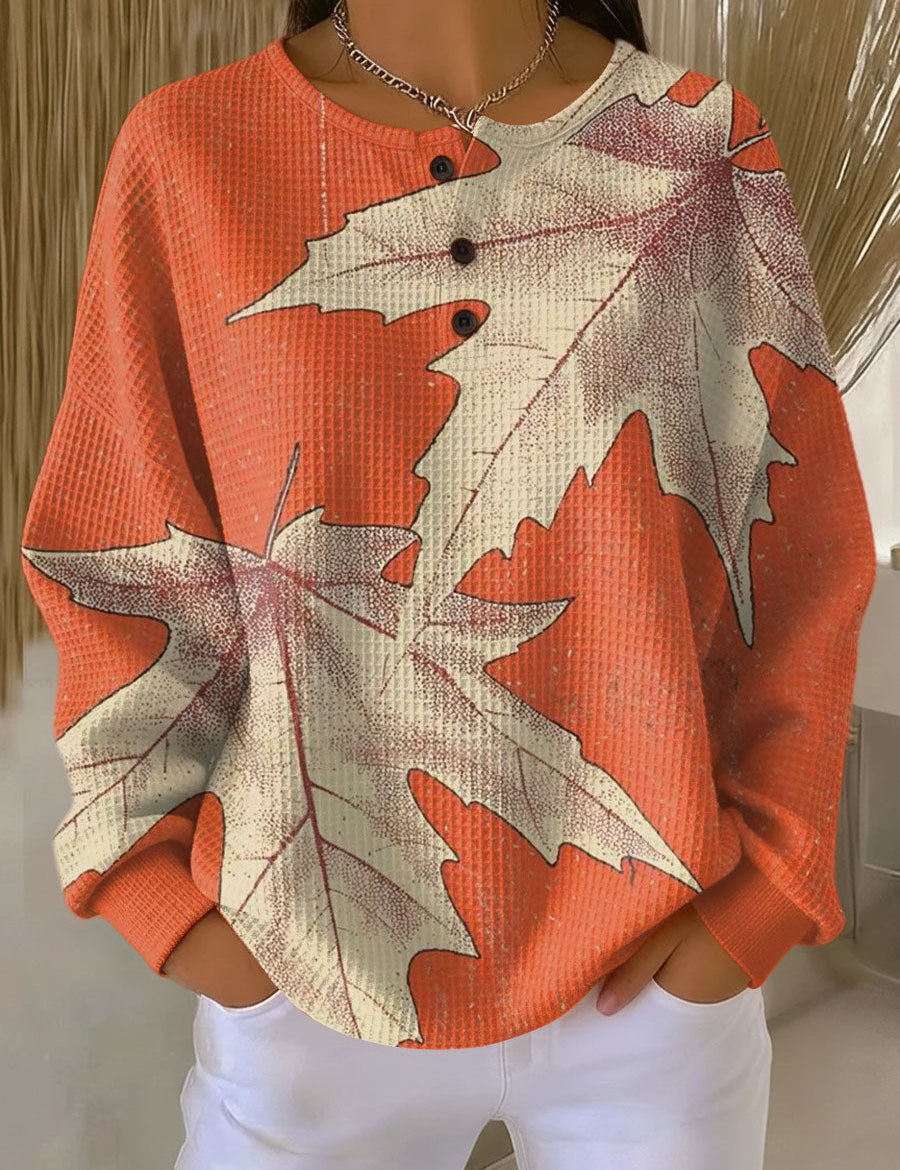 Marlene Pullover in Orange mit Herbstblättern, Vorderansicht