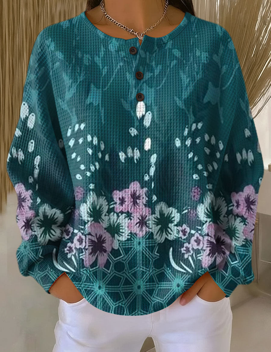 Paula Pullover in Türkis mit Blüten, Vorderansicht