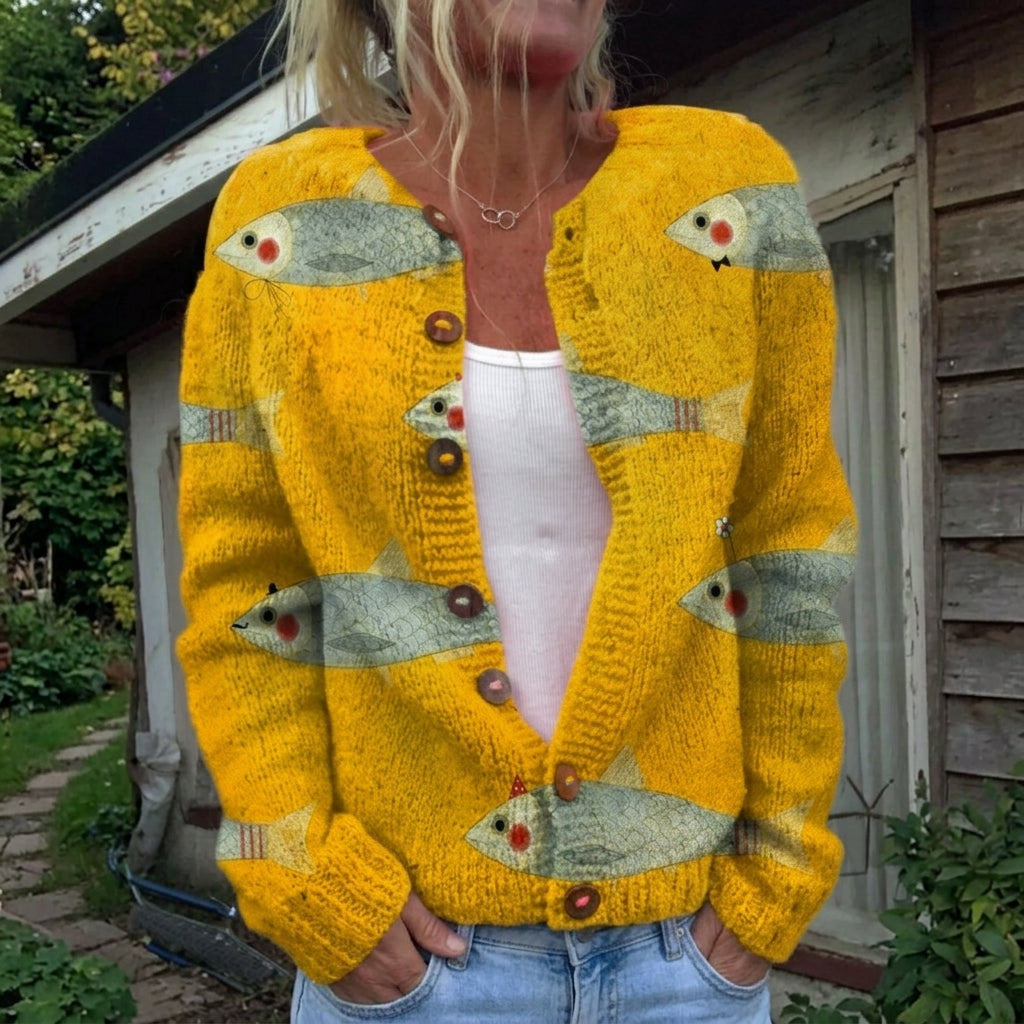 Anke Gelbe Strickjacke mit Fischmotiv, Vorderansicht