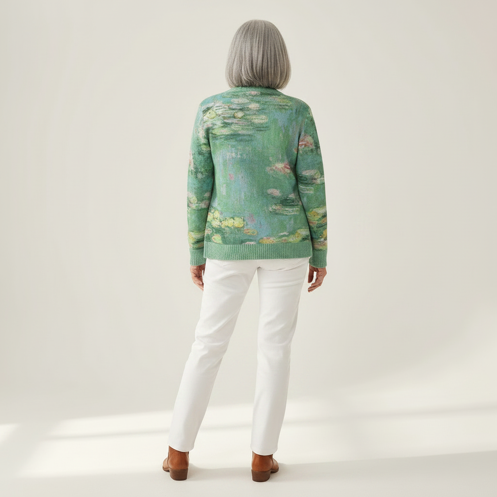 Annegret Grüne Strickjacke mit Seerosen-Motiv, Rückansicht