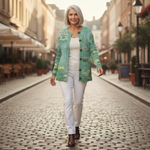 Annegret Grüne Strickjacke mit Seerosen-Motiv, im Alltag getragen