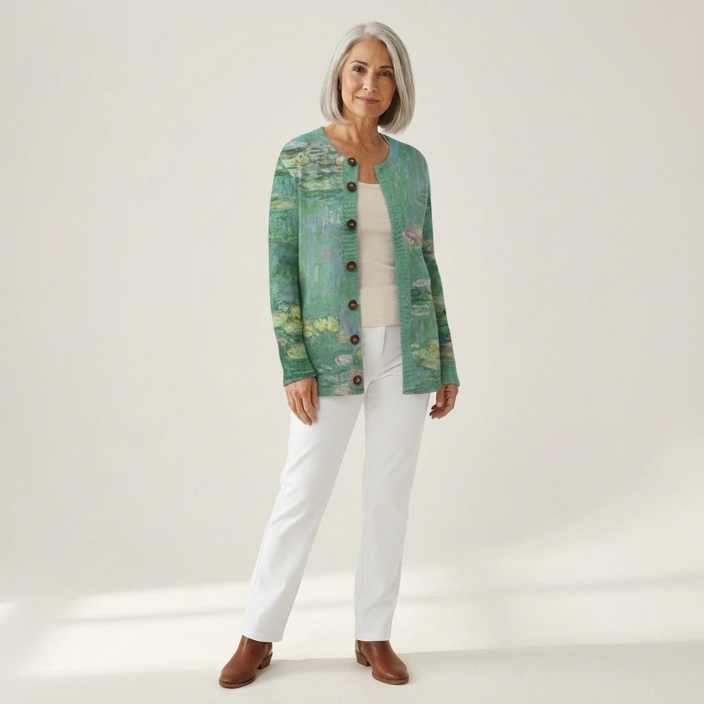 Annegret Grüne Strickjacke mit Seerosen-Motiv, Vorderansicht