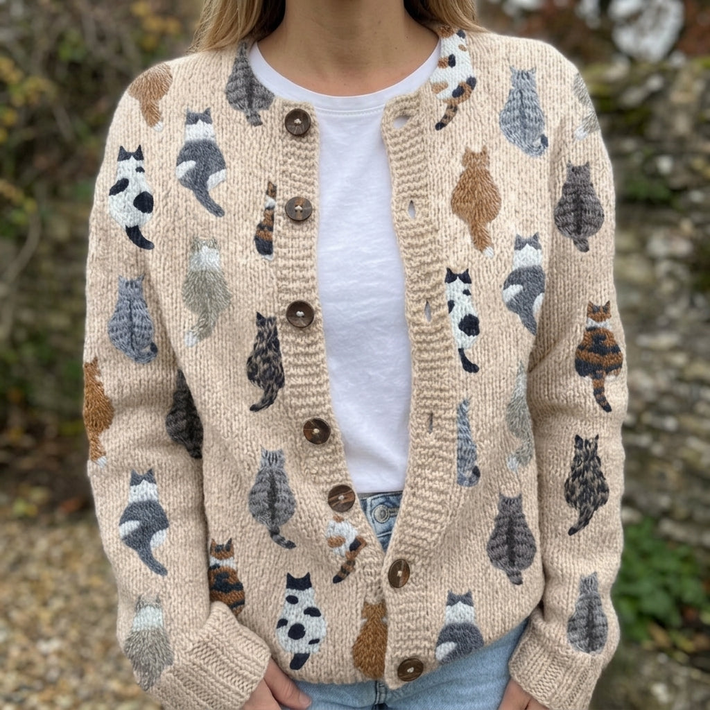 Charlotte Strickjacke mit Katzenmuster, Vorderansicht