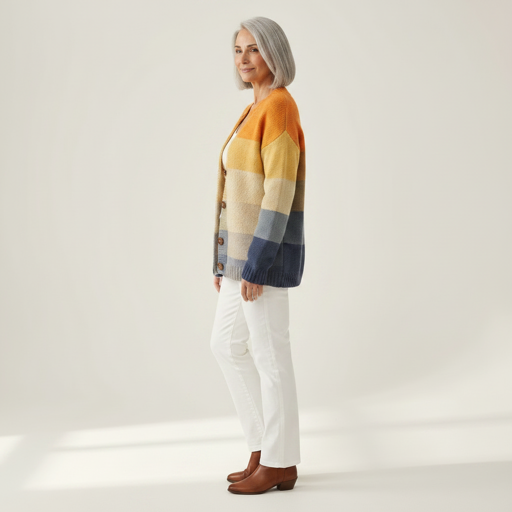 Dagmar Strickjacke mit Blockmuster in Ocker & Blau, Seitenansicht