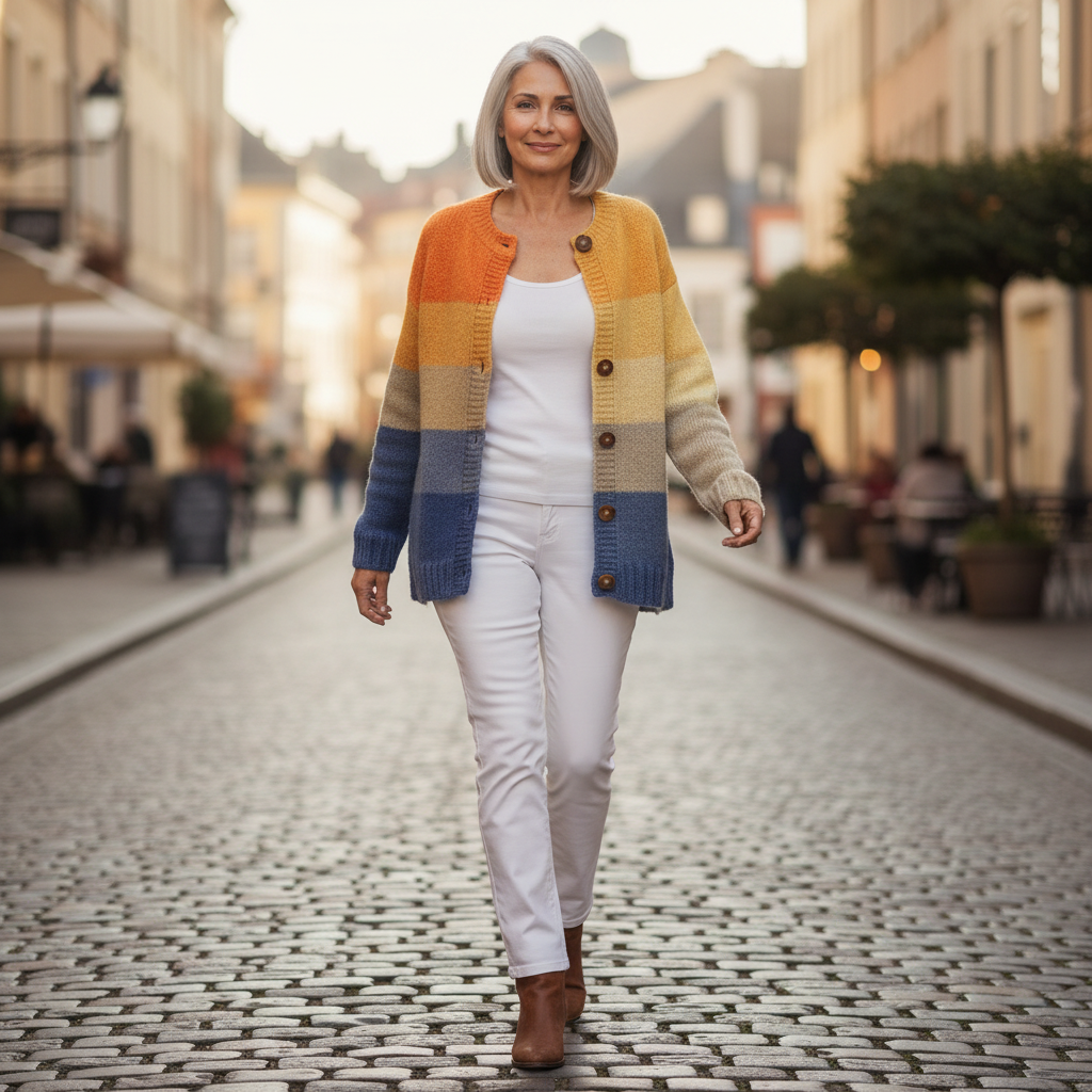 Dagmar Strickjacke mit Blockmuster in Ocker & Blau, im Alltag getragen