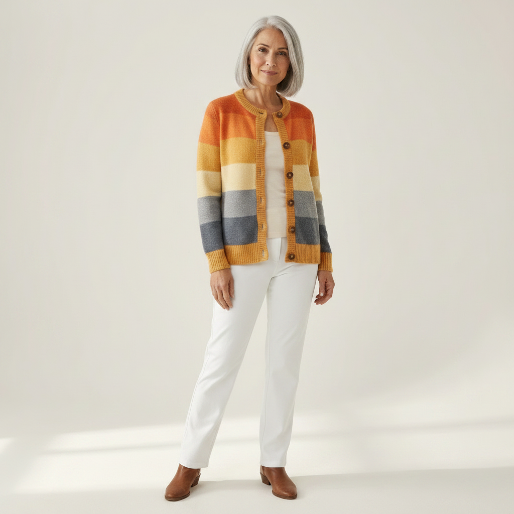 Dagmar Strickjacke mit Blockmuster in Ocker & Blau, Vorderansicht