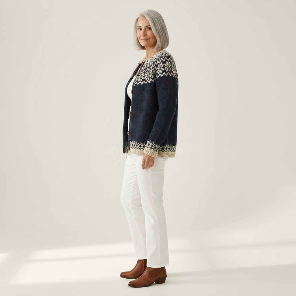 Gisela Dunkelblaue Strickjacke mit Schneesternmuster, Seitenansicht