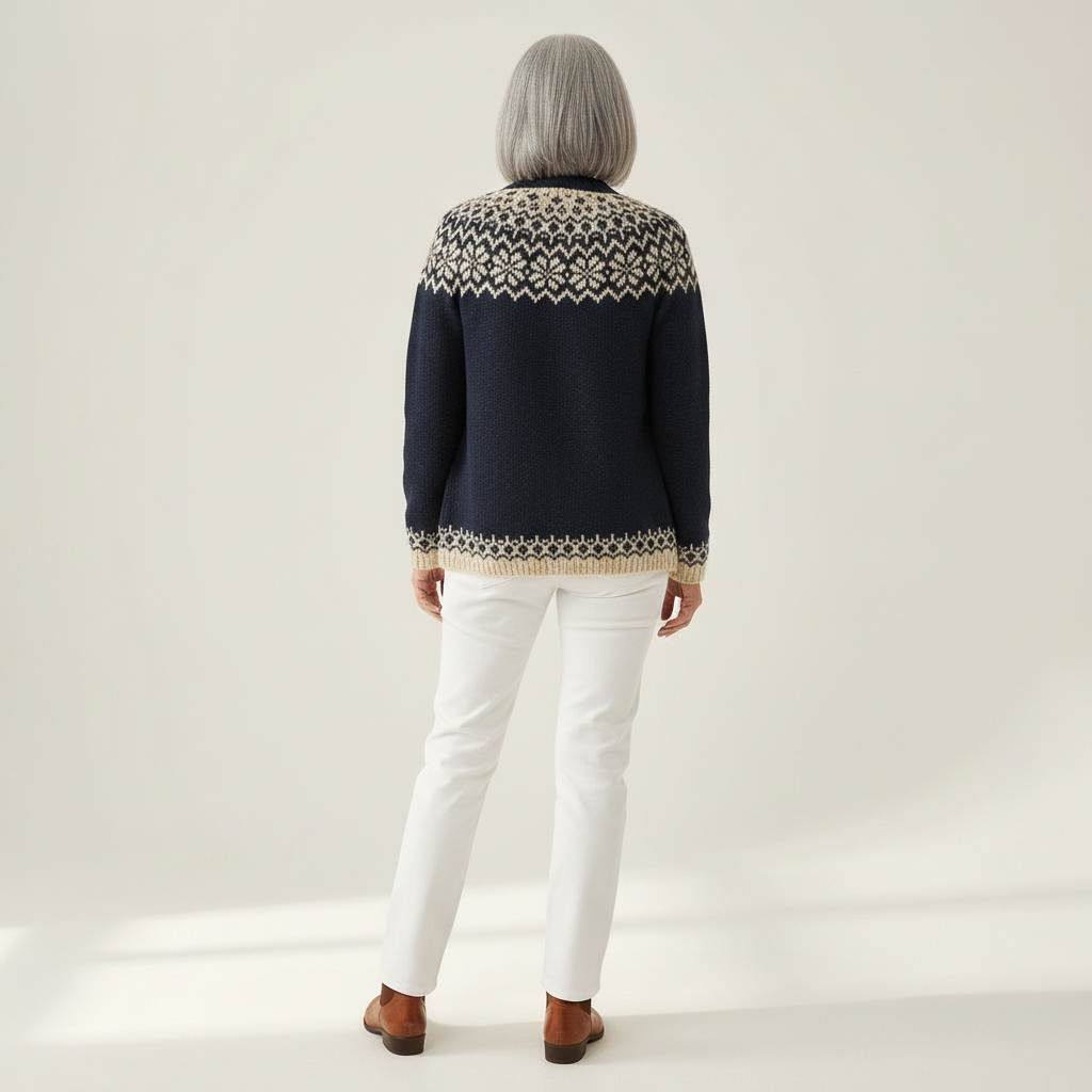 Gisela Dunkelblaue Strickjacke mit Schneesternmuster, Rückansicht