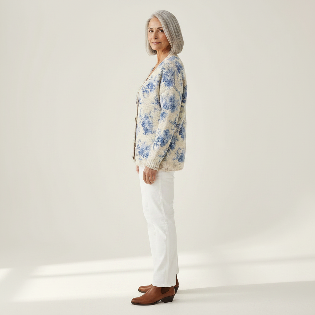 Heike Cremefarbene Strickjacke mit blauen Blüten, Seitenansicht