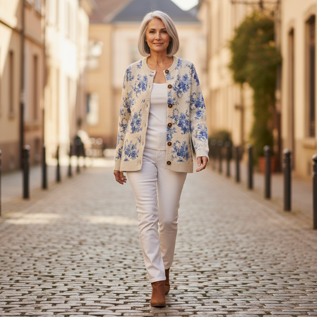 Heike Cremefarbene Strickjacke mit blauen Blüten, im Alltag getragen