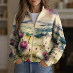 Heike Strickjacke mit Distel- und Landschaftsmotiv, Vorderansicht