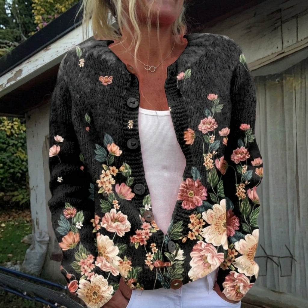 Karin Schwarze Strickjacke mit Blumenmuster, Vorderansicht