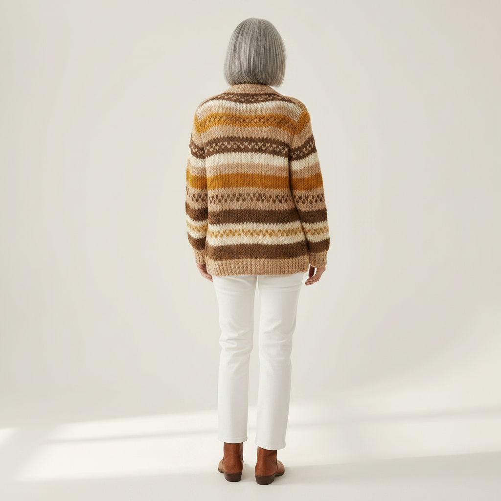 Marlene Strickjacke mit Streifen in Braun & Creme, Rückansicht