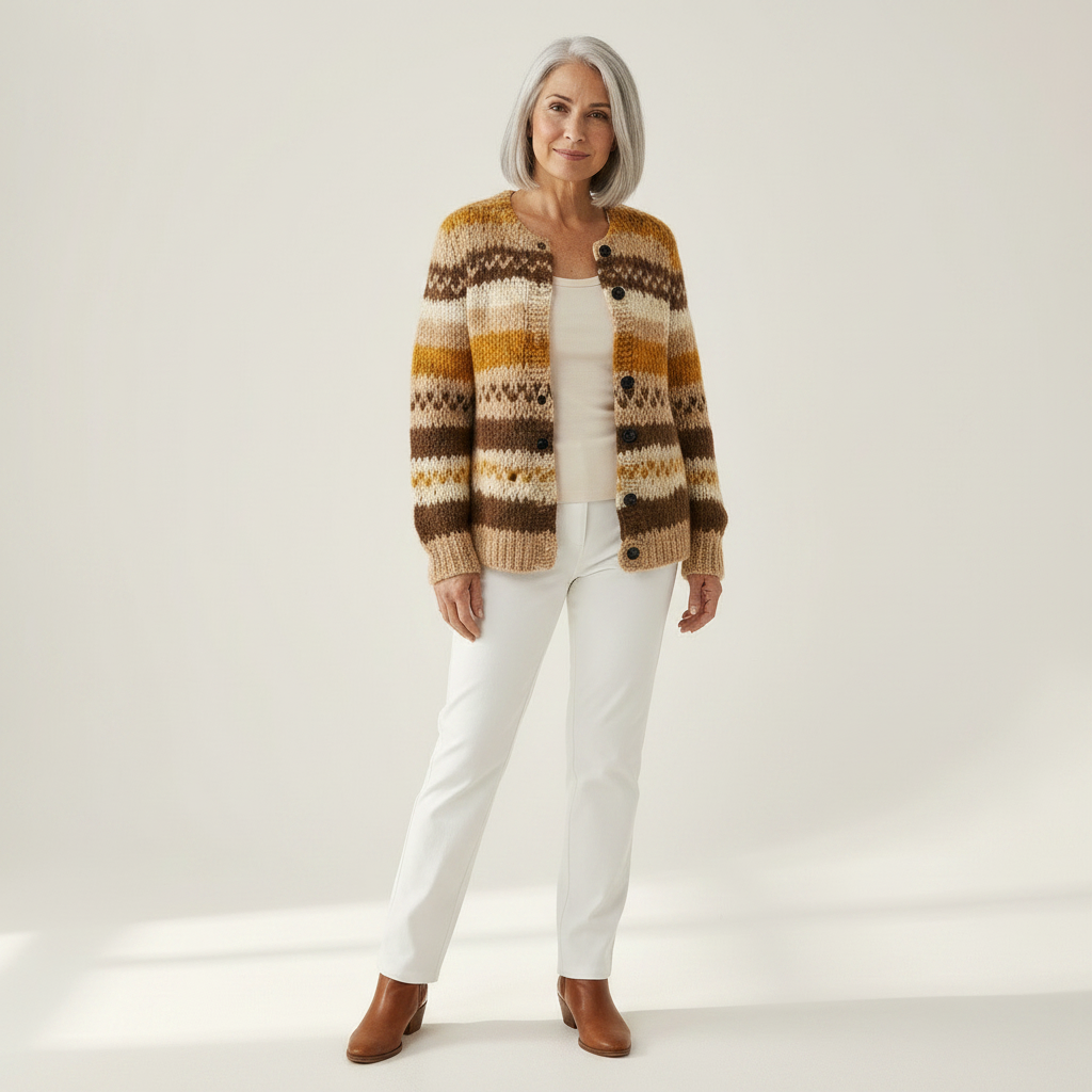 Marlene Strickjacke mit Streifen in Braun & Creme, Vorderansicht
