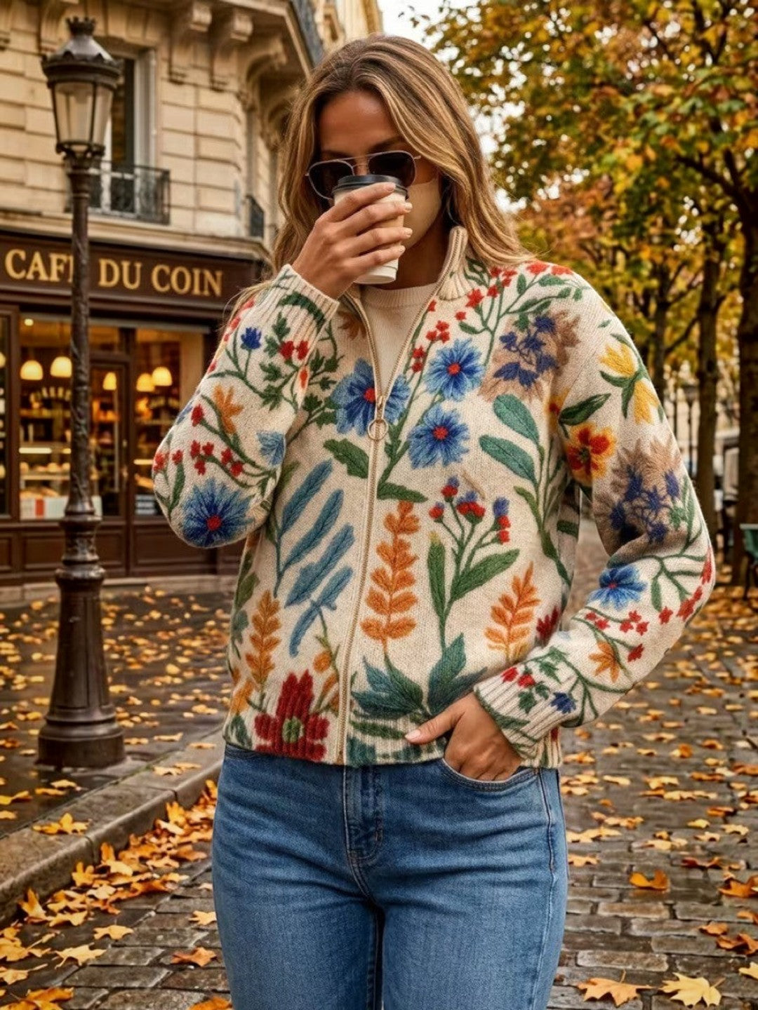Birgit Strickjacke mit botanischem Blumenmuster, Detailansicht