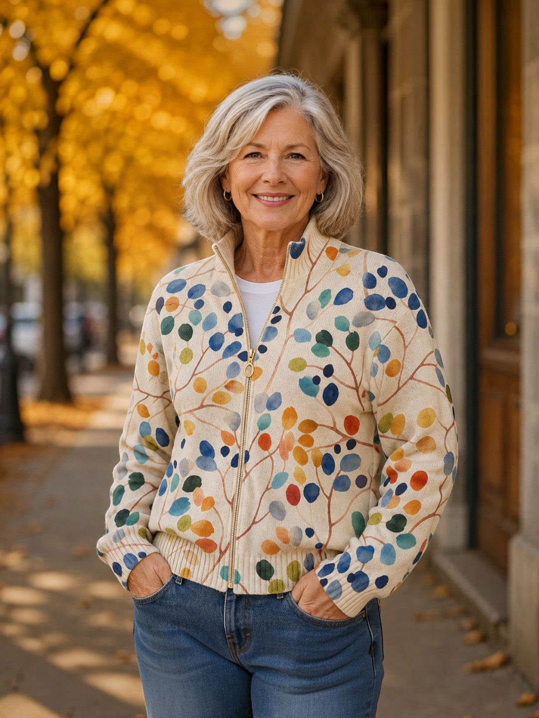 Anja Strickjacke mit buntem Blättermuster, Detailansicht