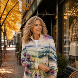 Heike Strickjacke mit Distel- und Landschaftsmotiv, Detailansicht