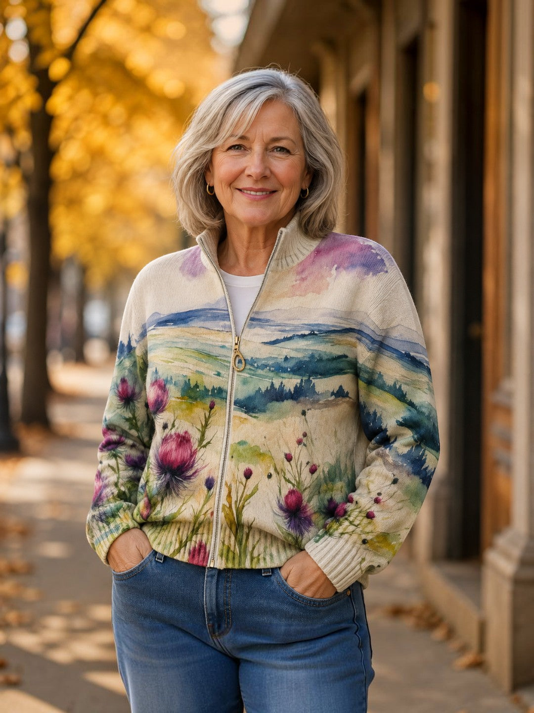 Heike Strickjacke mit Distel- und Landschaftsmotiv, Seitenansicht