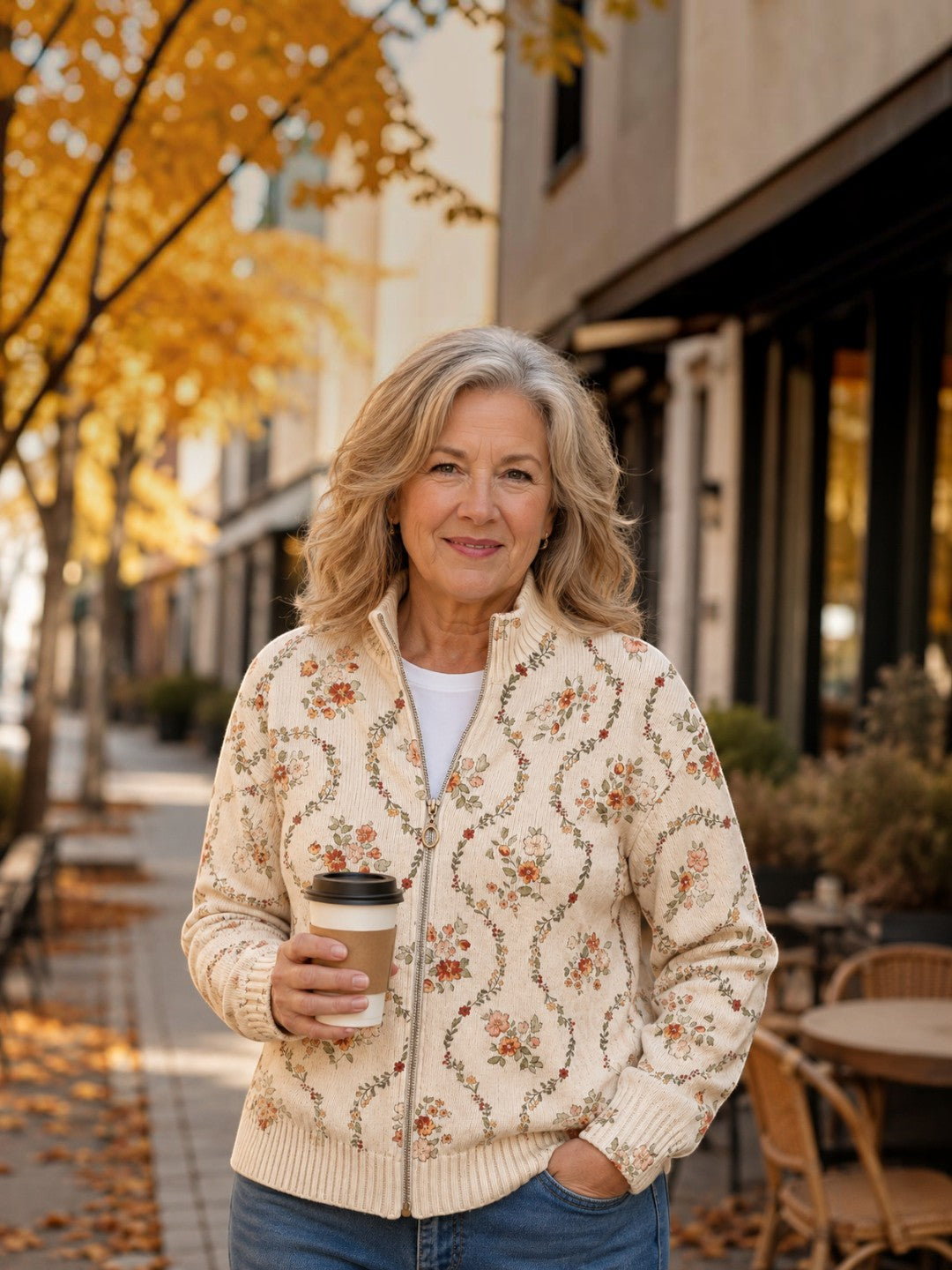 Ingrid Strickjacke mit zarten Blumenranken, Seitenansicht