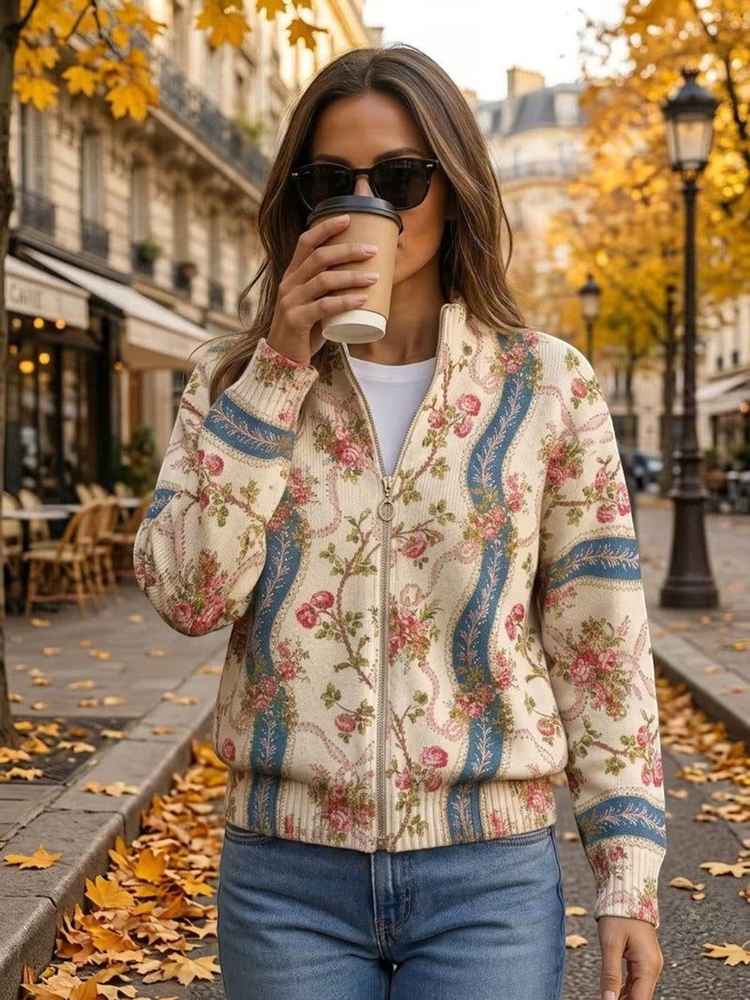 Sabine Strickjacke mit Rosenrankenmuster, Seitenansicht
