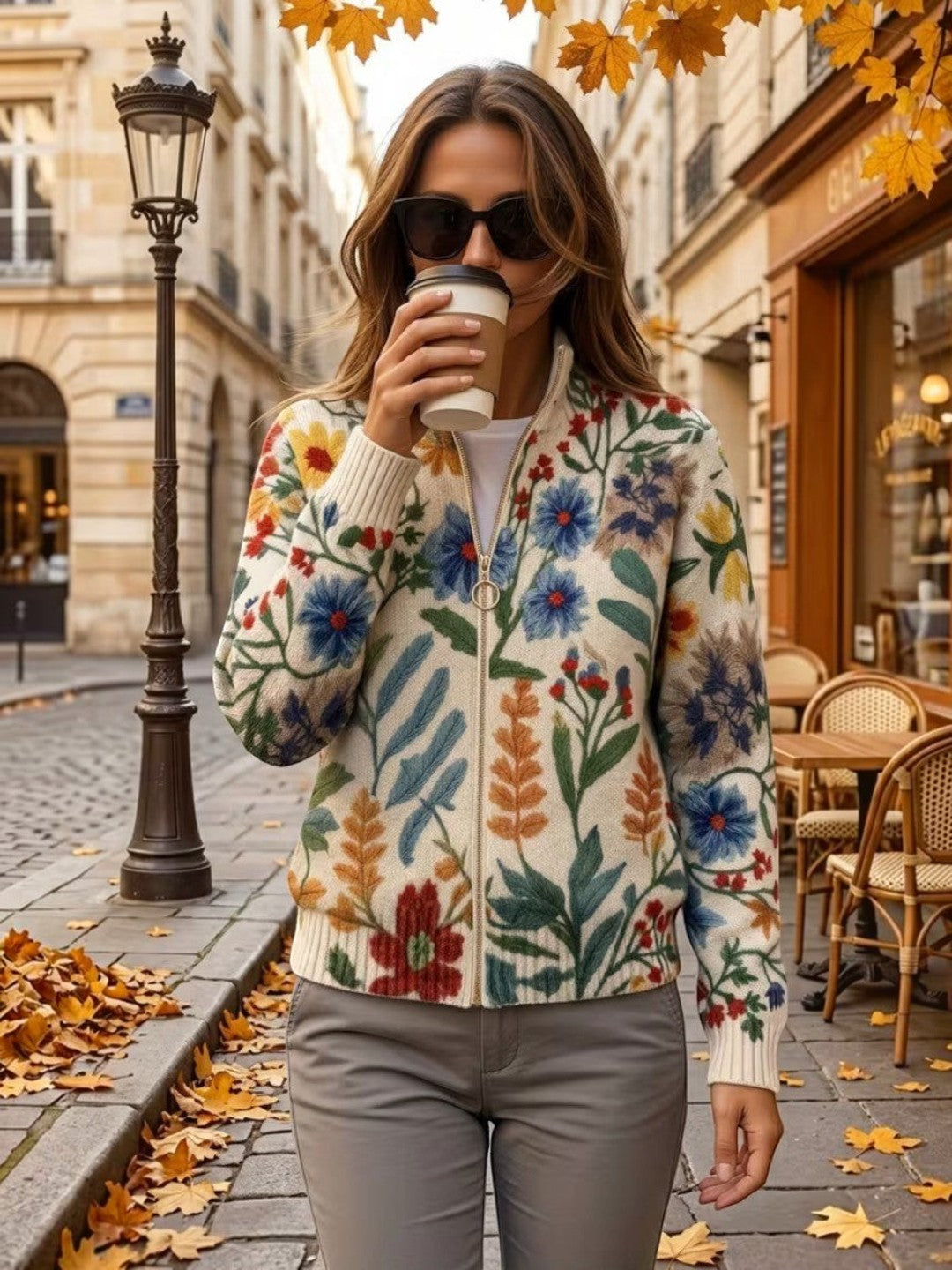 Birgit Strickjacke mit botanischem Blumenmuster, Vorderansicht