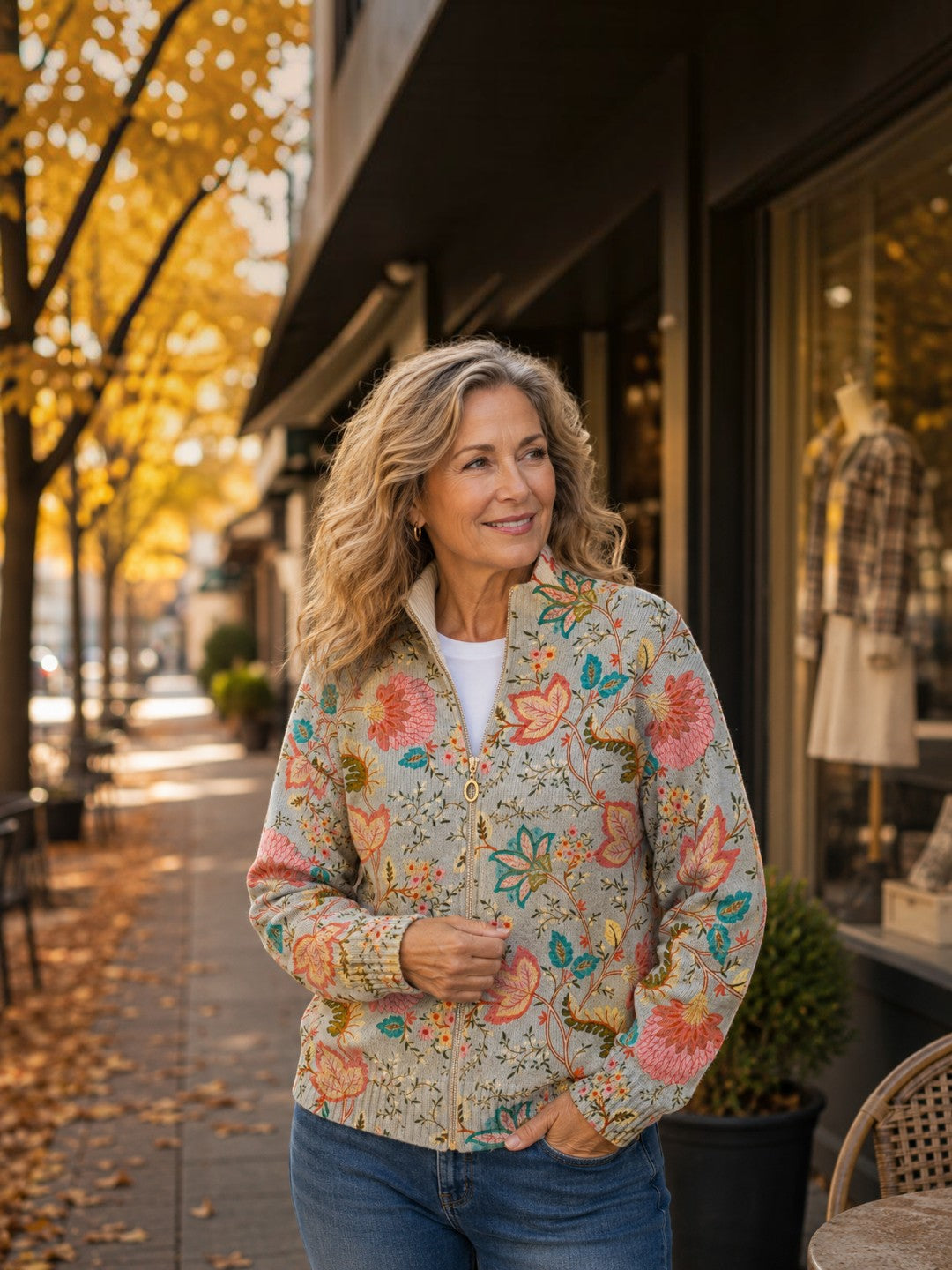 Petra Strickjacke mit floralem Gartenmuster, Seitenansicht