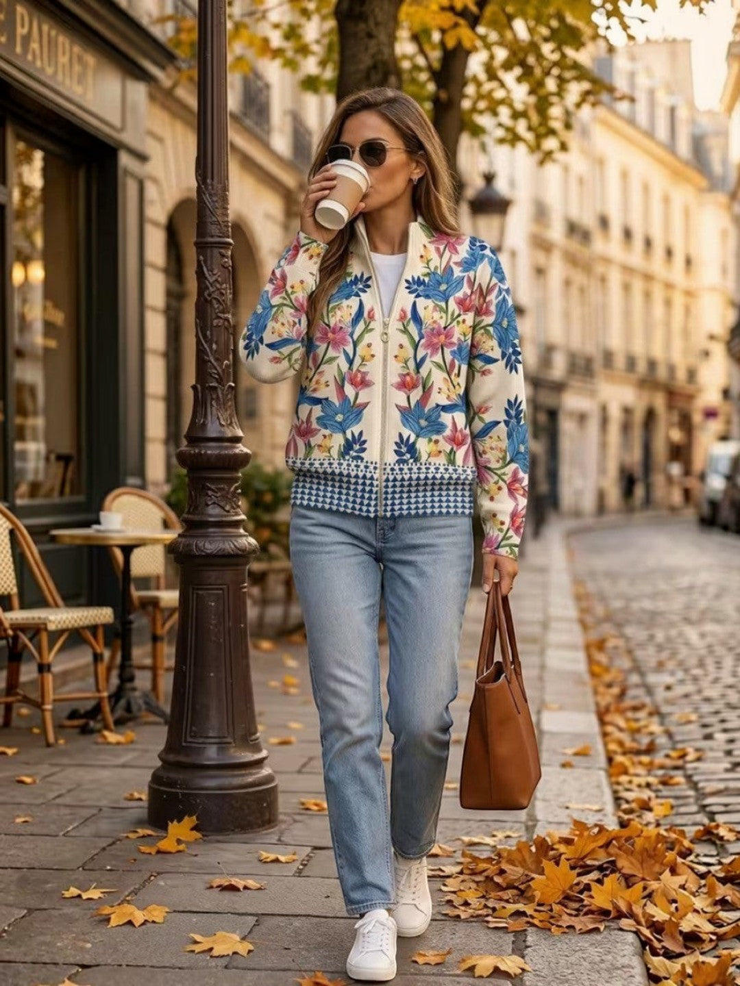 Birgit Strickjacke mit botanischem Blumenmuster, Seitenansicht