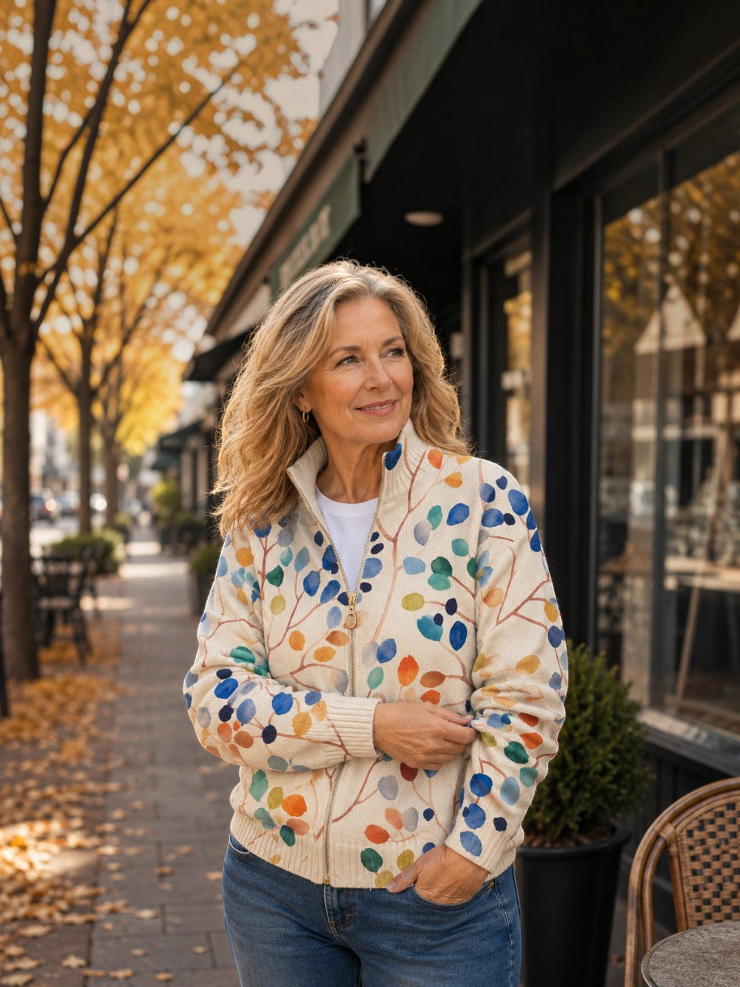 Anja Strickjacke mit buntem Blättermuster, Seitenansicht