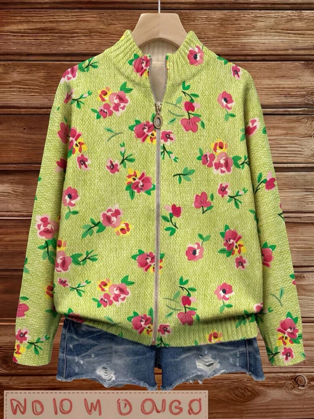 Elke Grüne Strickjacke mit Blumenmuster, Seitenansicht