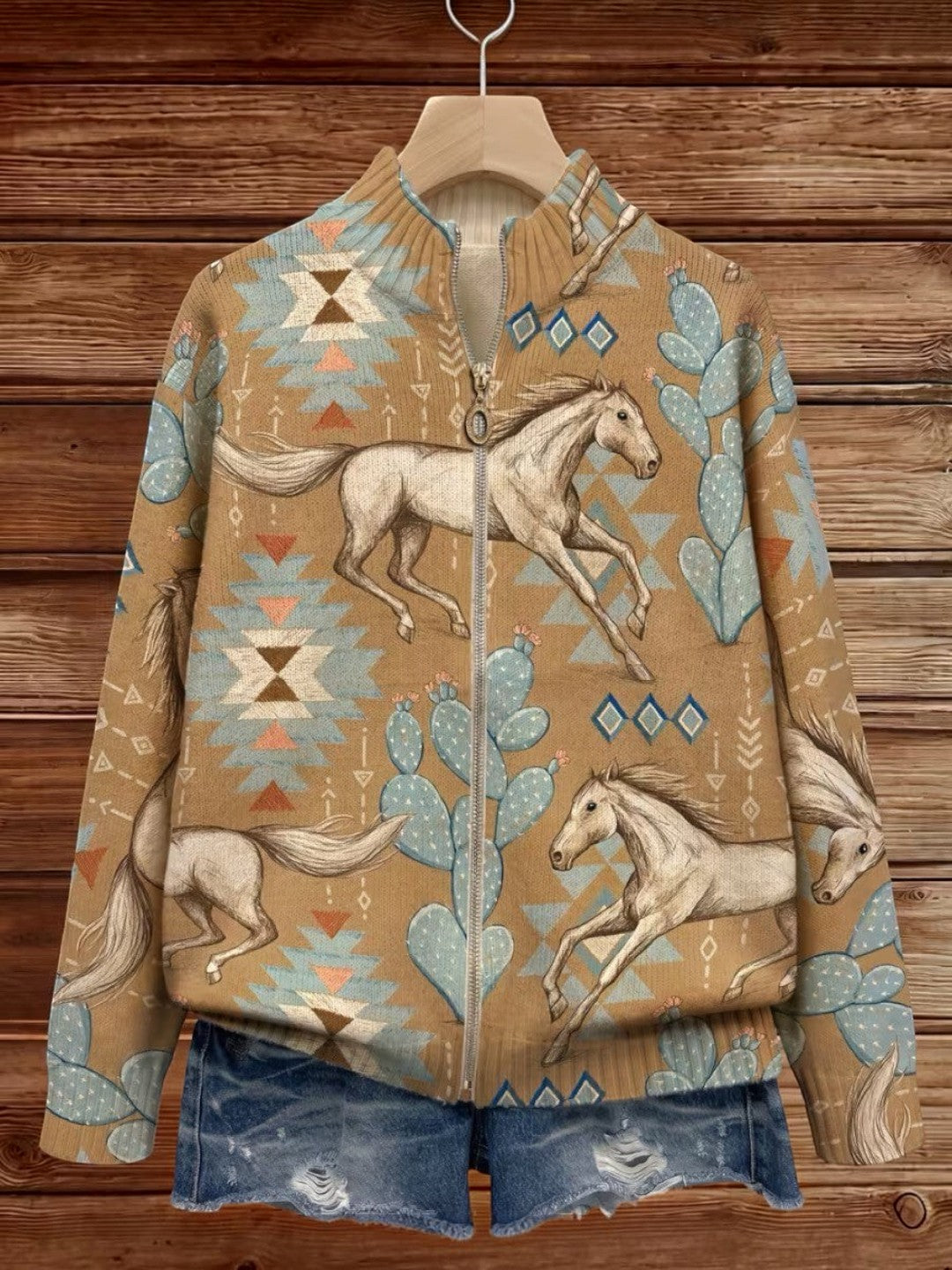 Brigitte Strickjacke mit Pferde- und Kakteenmotiv, Seitenansicht