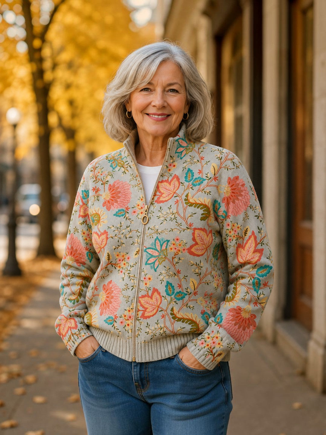 Petra Strickjacke mit floralem Gartenmuster, Detailansicht