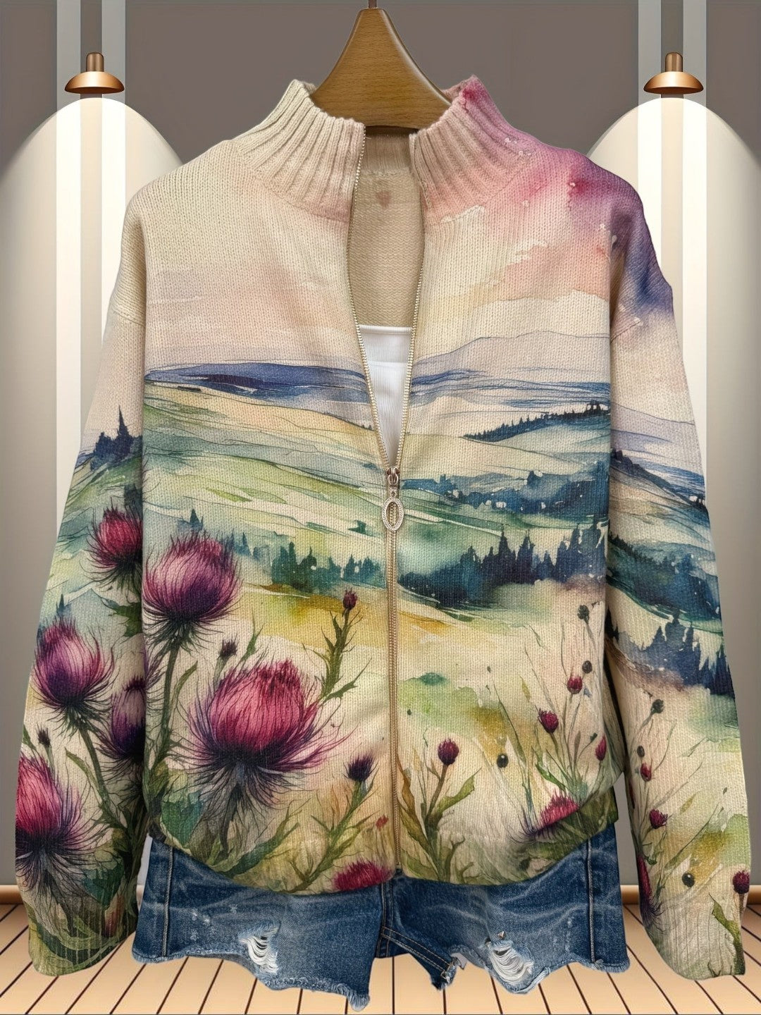 Heike Strickjacke mit Distel- und Landschaftsmotiv, Nahaufnahme