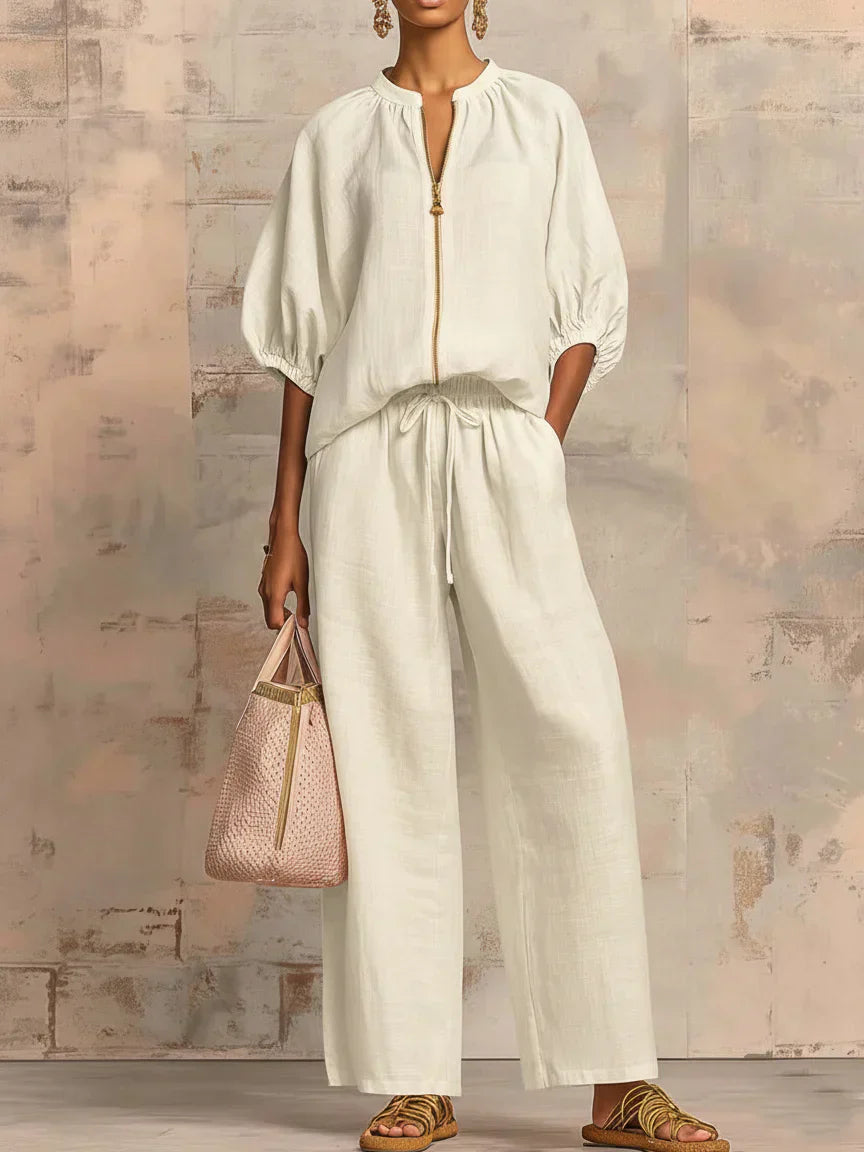 Henrietta Zweiteiliges Outfit mit Bluse und lockerer Hose, Seitenansicht
